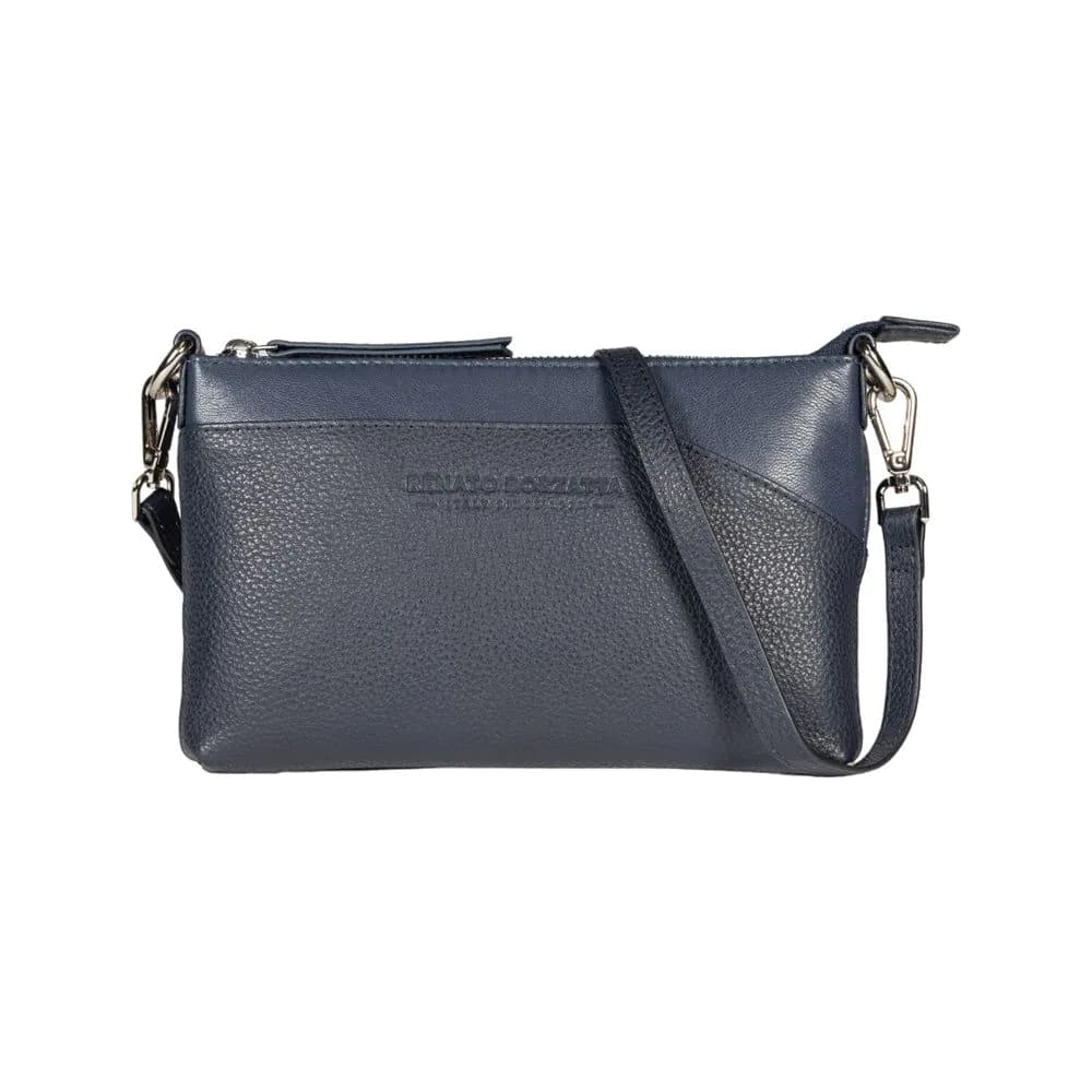 image-RB2003D | Shoulder/Wrist Bag in Genuine Full Grain Leather, Dollar Grain/Light. Removable Shoulder Strap and Handle. Color Blue. Dimensions: 22 x 14 x 2.5 cm. Packaging: Non-Woven Fabric Bag