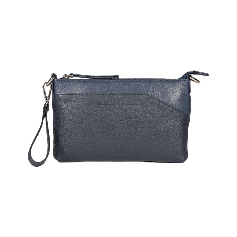 image-RB2003D | Shoulder/Wrist Bag in Genuine Full Grain Leather, Dollar Grain/Light. Removable Shoulder Strap and Handle. Color Blue. Dimensions: 22 x 14 x 2.5 cm. Packaging: Non-Woven Fabric Bag