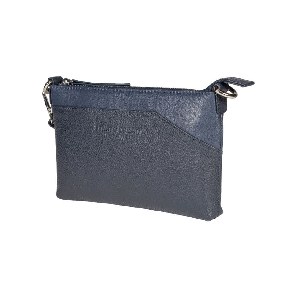 image-RB2003D | Shoulder/Wrist Bag in Genuine Full Grain Leather, Dollar Grain/Light. Removable Shoulder Strap and Handle. Color Blue. Dimensions: 22 x 14 x 2.5 cm. Packaging: Non-Woven Fabric Bag