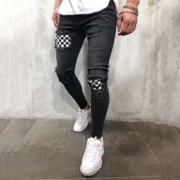 image-Fashion Men's Jeans Lattice Patchwork Denim Pants Casual Skinny Jeans