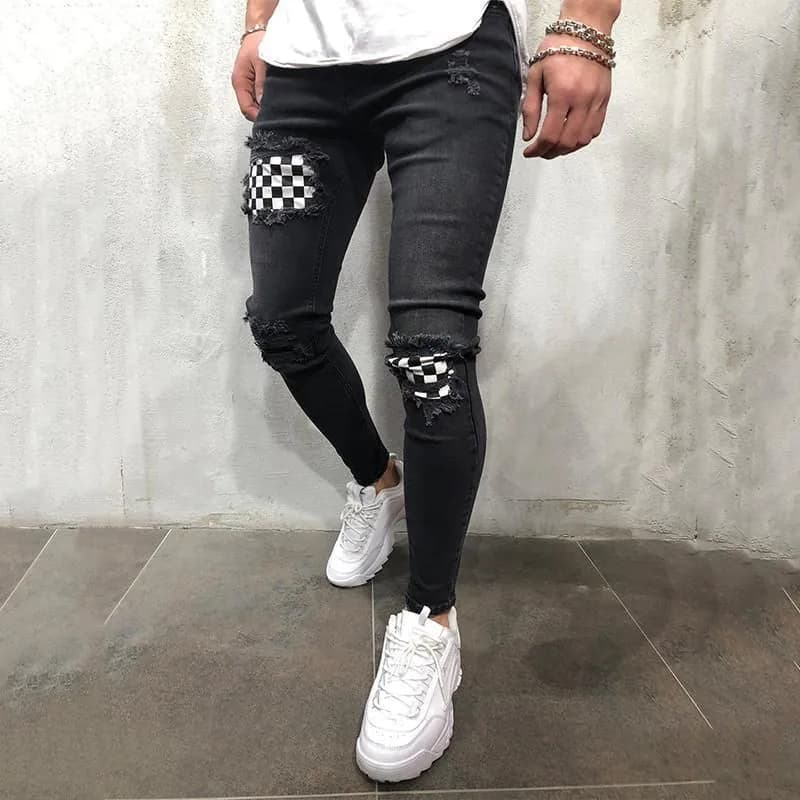 image-Fashion Men's Jeans Lattice Patchwork Denim Pants Casual Skinny Jeans