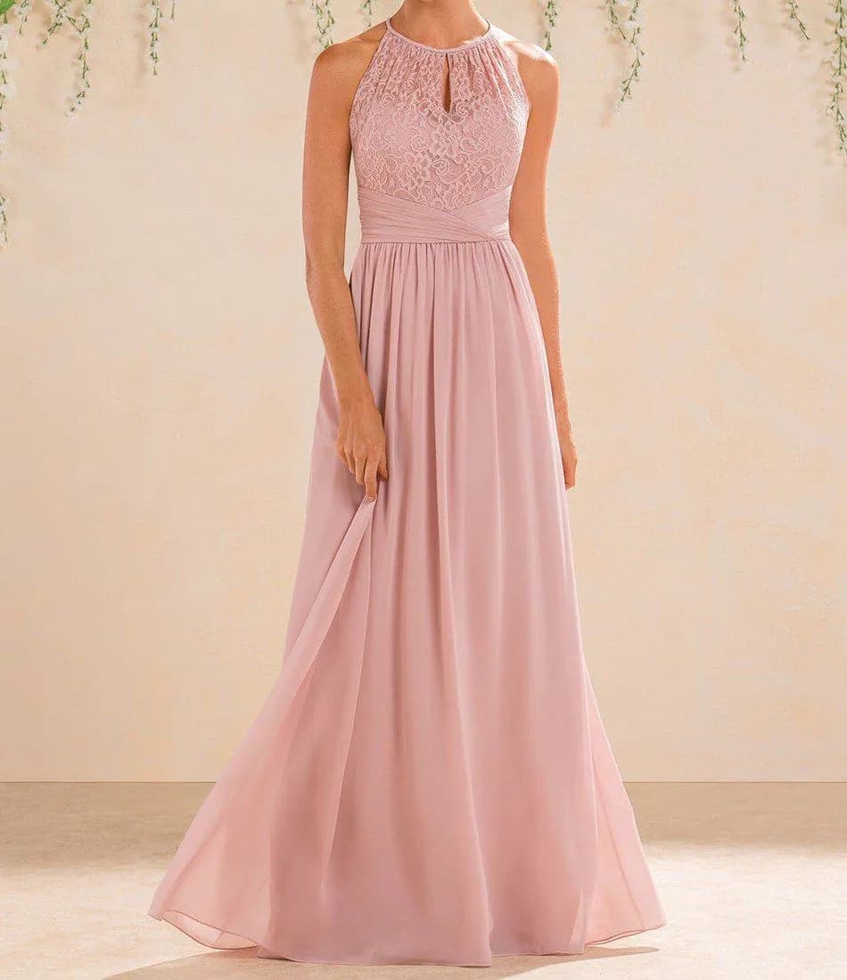 image-Simple Elegant Pink Halter Bridesmaid Dresses Illusion Lace Long