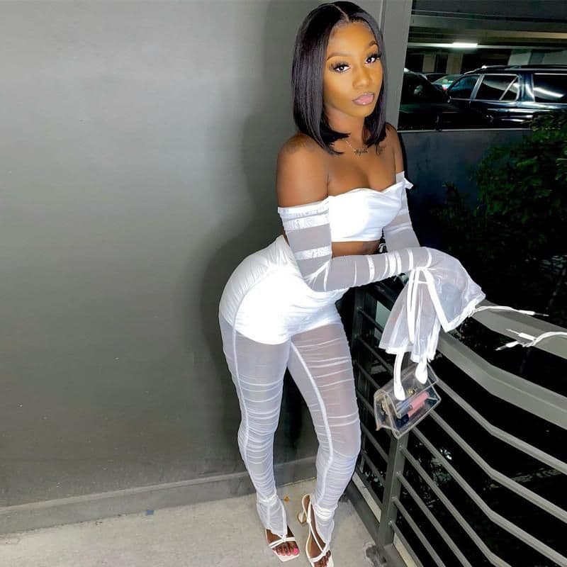 image-Backless Ruched Mesh Night Club 2 Piece Sets Off Shoulder Crop Top And