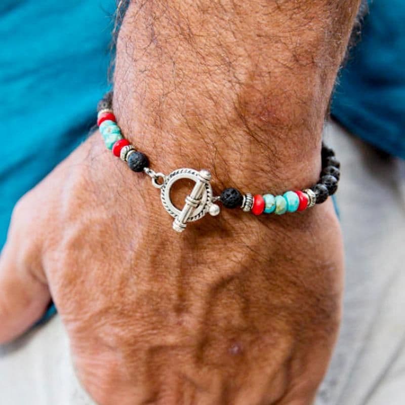 image-Beaded New volcanic stone men's bracelet Turquoise Elastic Jewelry