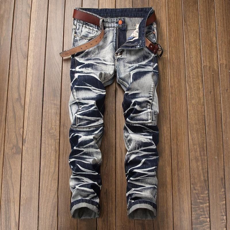 image-High Quality Men Casual Jeans Coated Slim Straight Pleated Biker Jeans