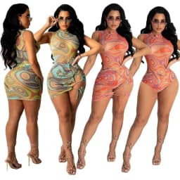 image-Women Two Piece Set Party Dress Skirt bodysuit Print Sexy Elegant