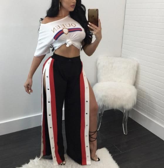 image-2018 Elastic Waist Cropped Trousers for women sexy Loose Side Slit