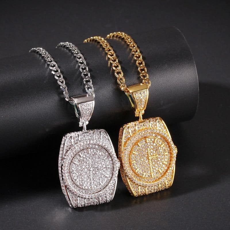 image-Gold Silver Dial Pendant Necklace Mens Hip Hop Jewelry Fashion Watch