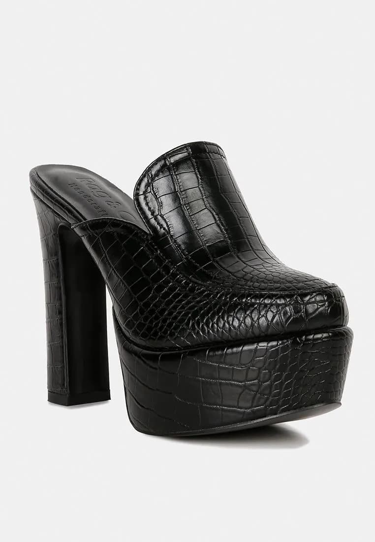 image-Bauhaus Croc Pattern Heeled Platform Mules