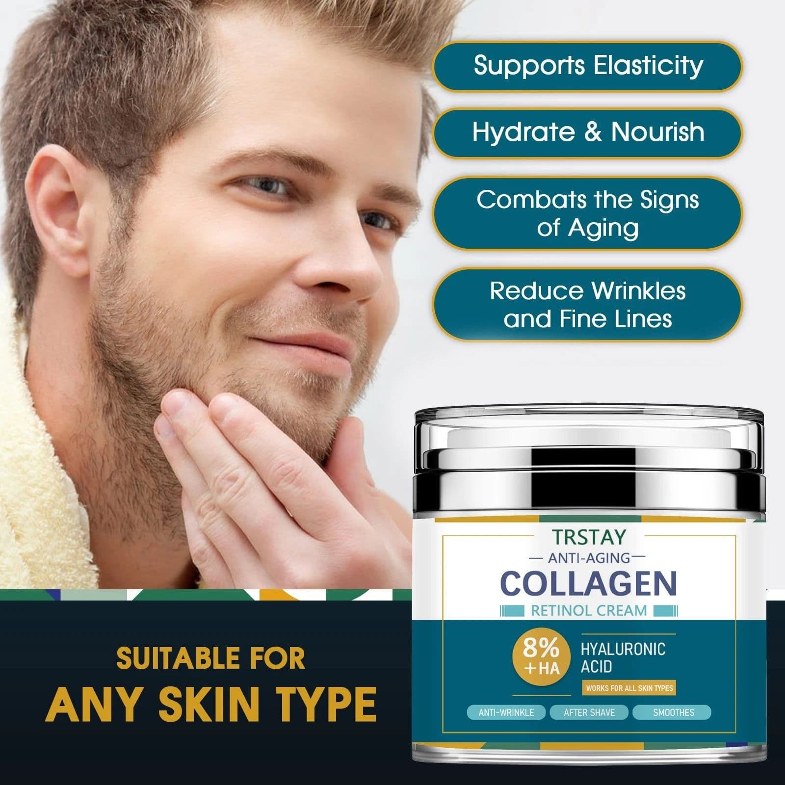 image-Mens Face Cream Moisturizer with 8% Hyaluronic Acid Collagen,one or two pumps is enough to dab on cheeks,forehead,and chin and g