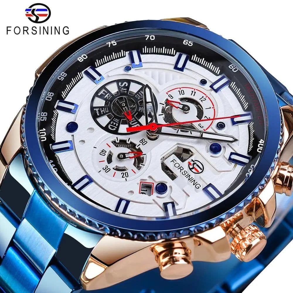 image-Forsining Three Dial Calendar Stainless Steel Men Mechanical Automatic Wrist Watches Top Brand Luxury Military Sport Male Clock