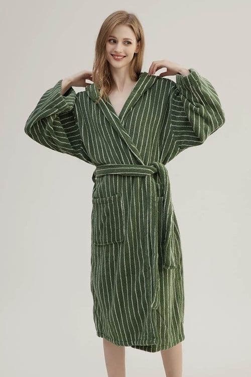 image-Retro Hooded Stripe Bathrobe, 100% ORGANIC Long-stapled Cotton