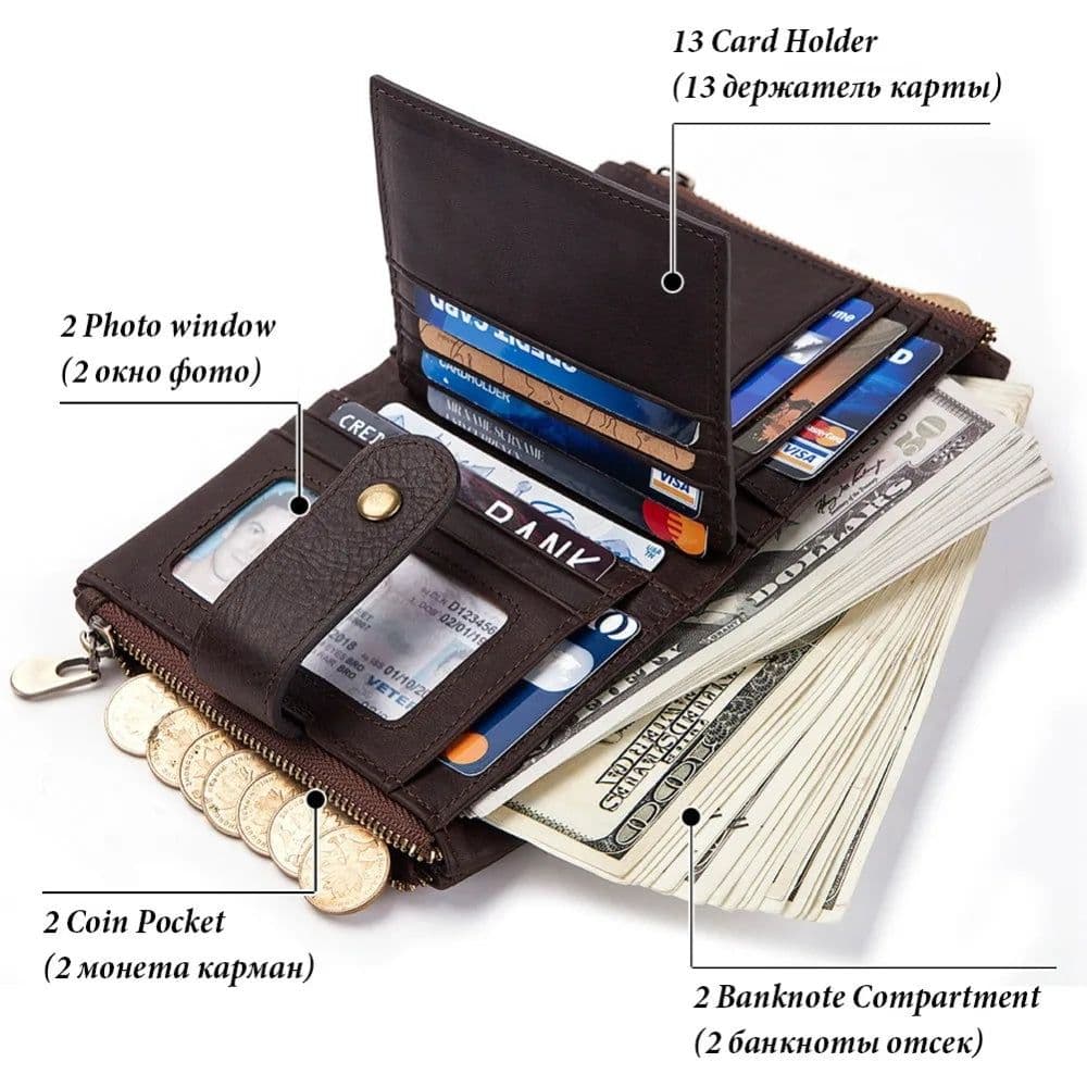 image-KAVIS 100% Genuine Leather Rfid Wallet Men Crazy Horse Wallets Coin Purse Short Male Money Bag Quality Designer Mini Walet Small