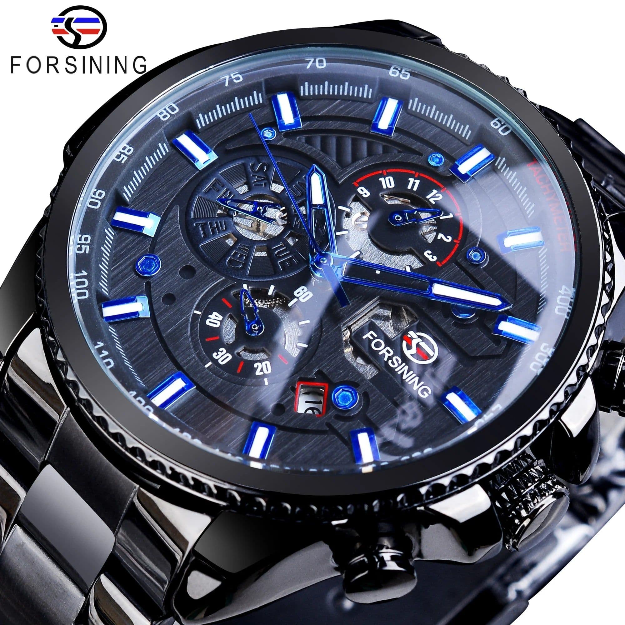 image-Forsining Three Dial Calendar Stainless Steel Men Mechanical Automatic Wrist Watches Top Brand Luxury Military Sport Male Clock