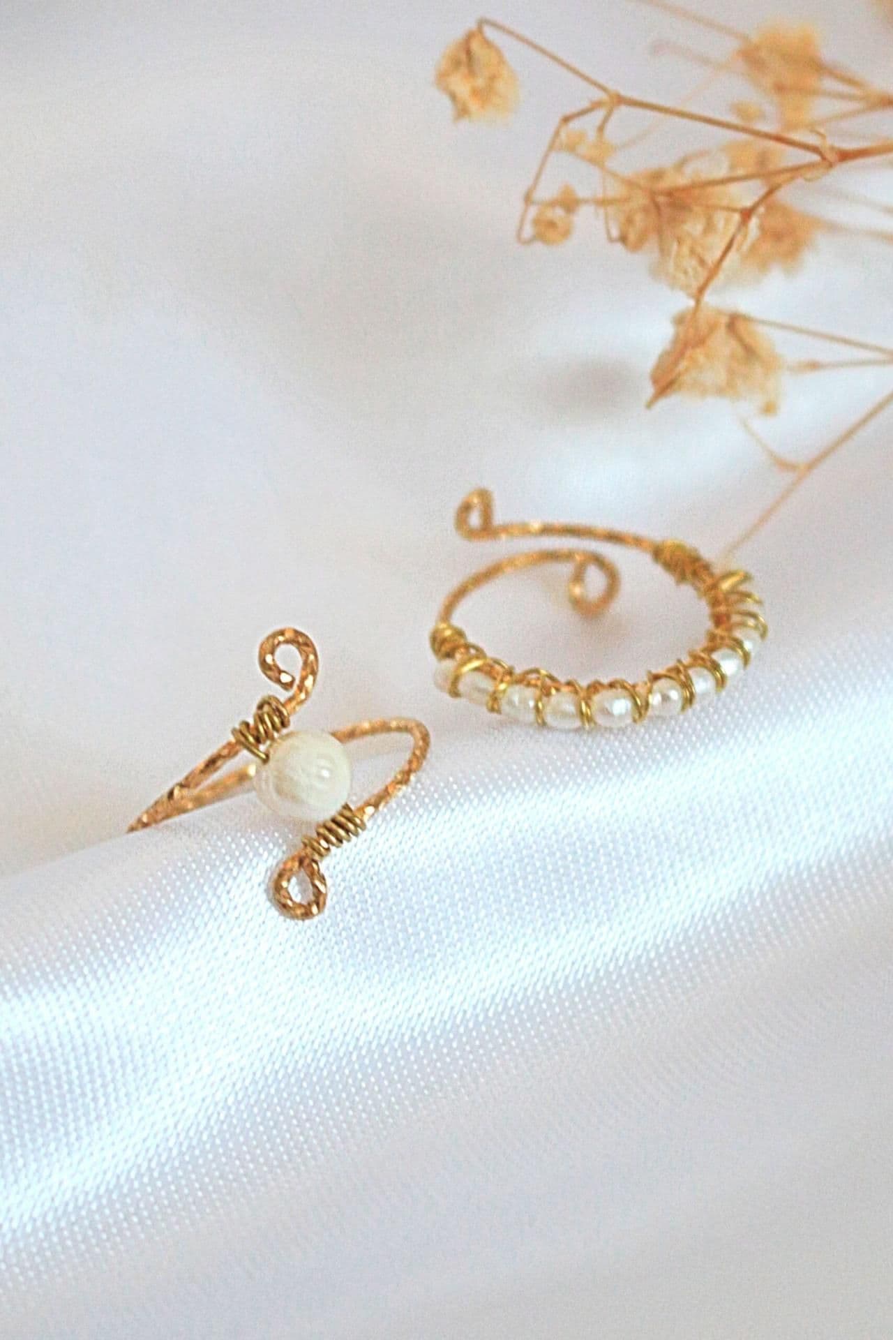 image-"Mademoiselle" | Solitaire & Band Freshwater Pearls Hand Wired Rings Bundle (2 Items)