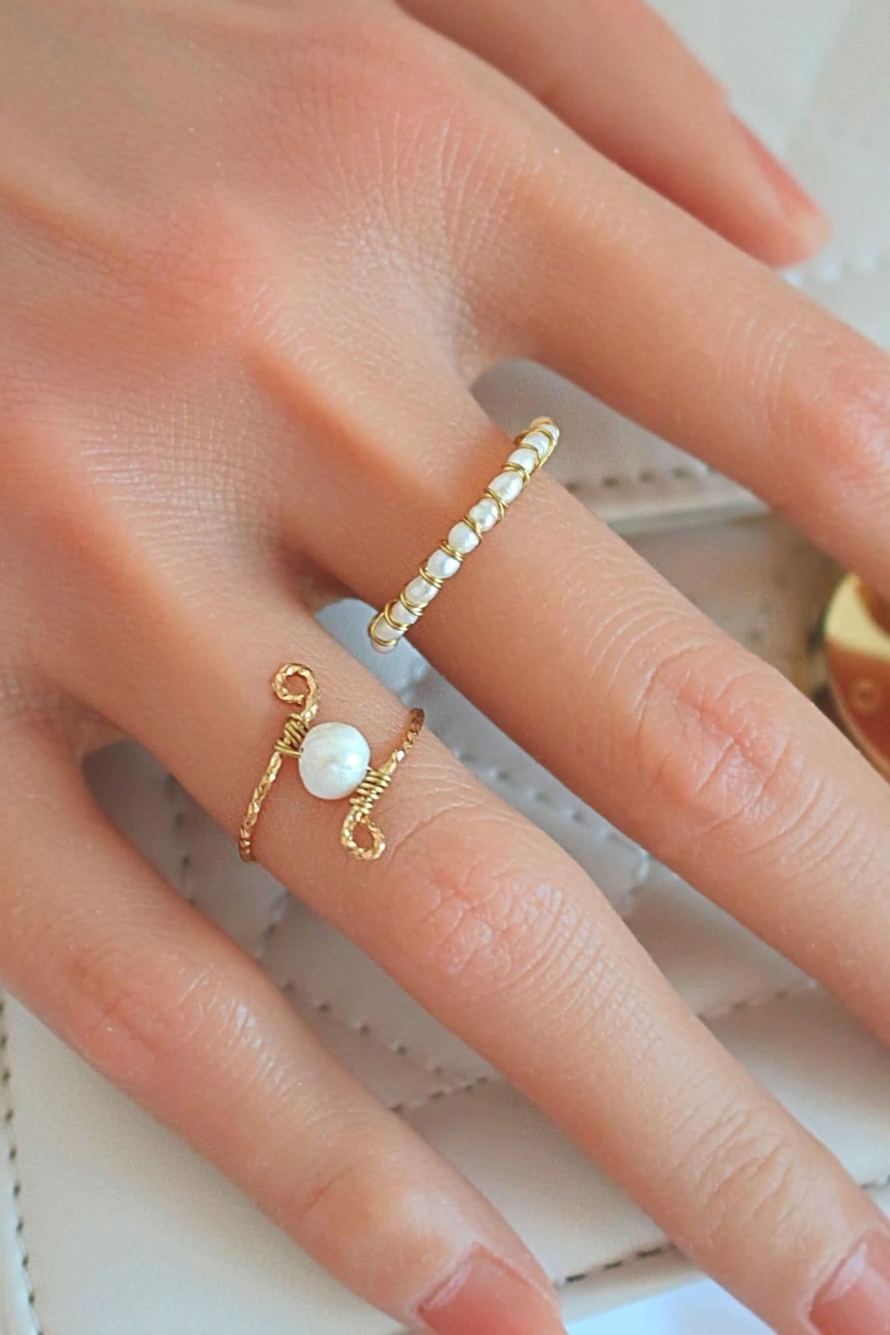image-"Mademoiselle" | Solitaire & Band Freshwater Pearls Hand Wired Rings Bundle (2 Items)