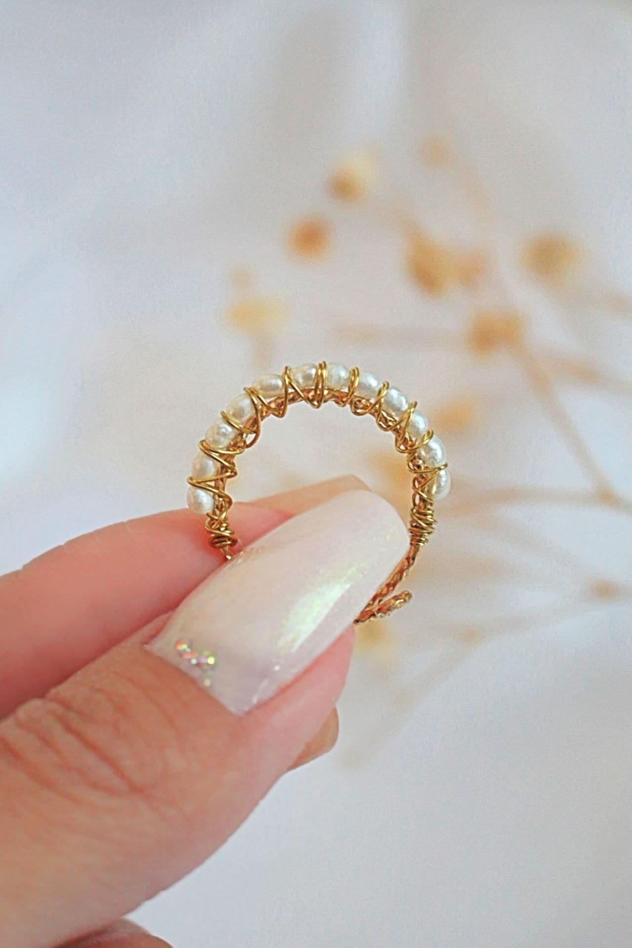 image-"Mademoiselle" | Solitaire & Band Freshwater Pearls Hand Wired Rings Bundle (2 Items)