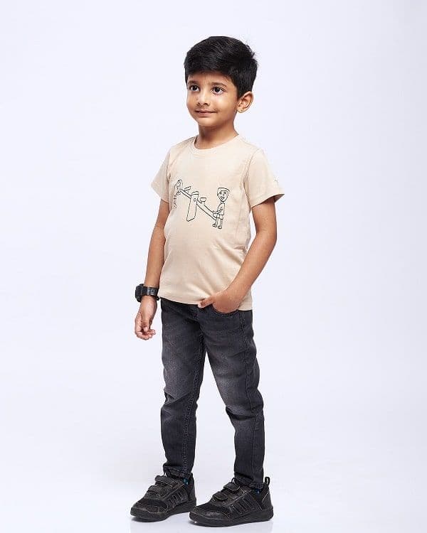 image-Pure Cotton Boy & Girl Round Neck - Kids drawn Printed T-shirt (See saw)