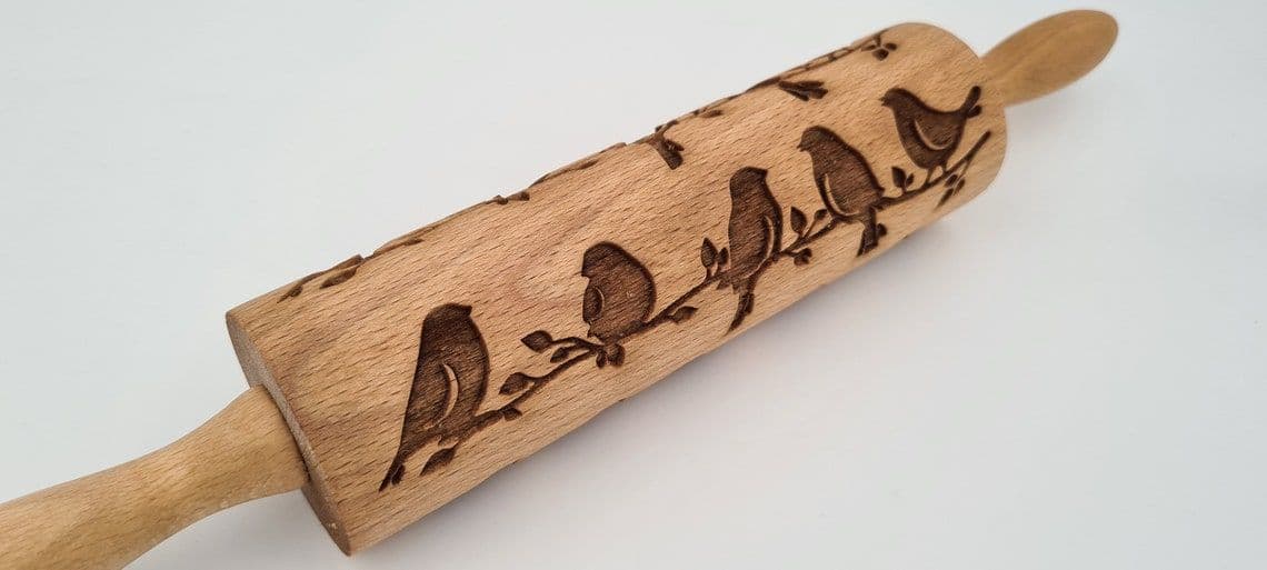 image-Engraved Rolling Pin Natural Wood Folk Kitchen Pins Handmade - Birds