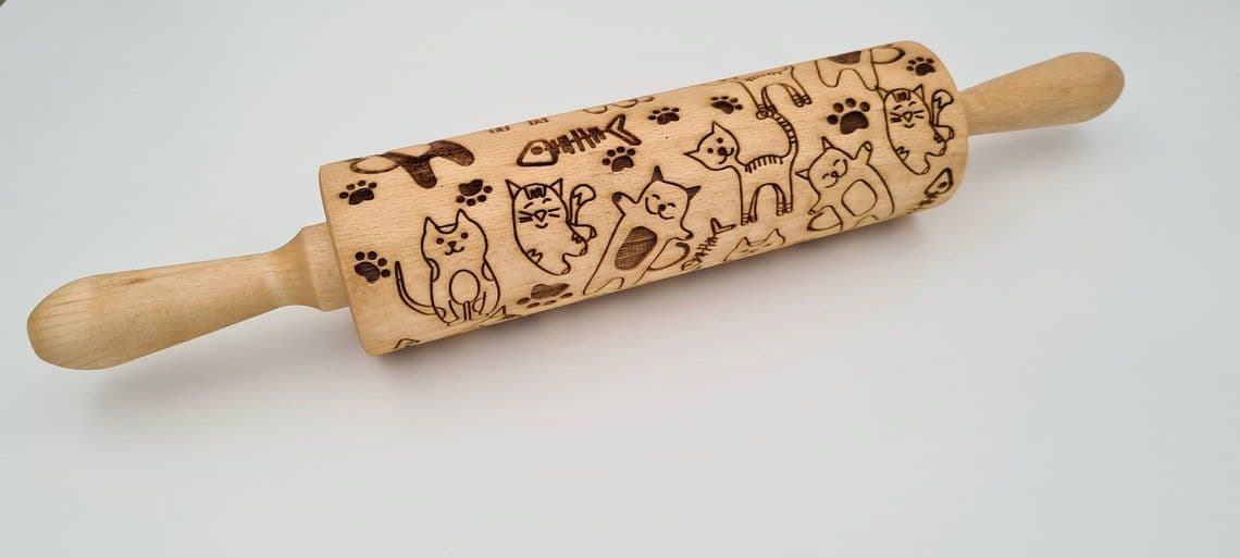 image-Engraved Rolling Pin Natural Wood Folk Kitchen Pins Handmade - Cats
