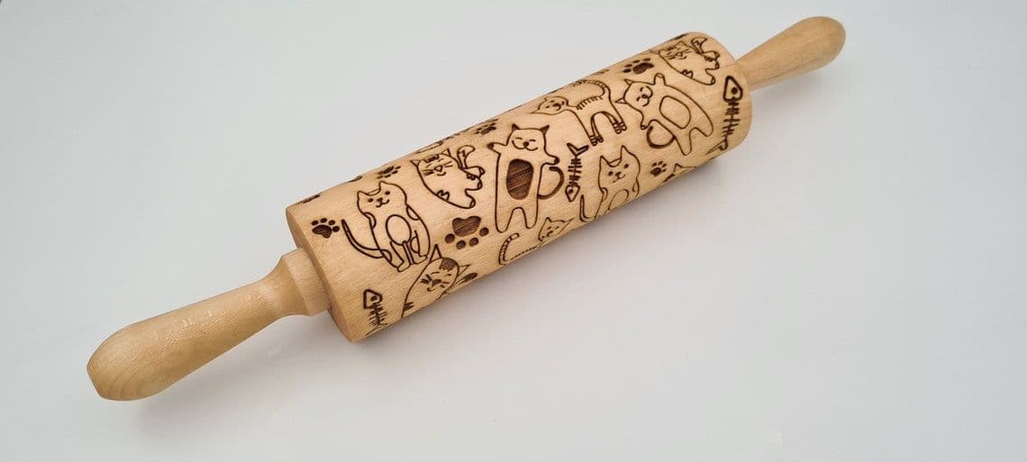 image-Engraved Rolling Pin Natural Wood Folk Kitchen Pins Handmade - Cats