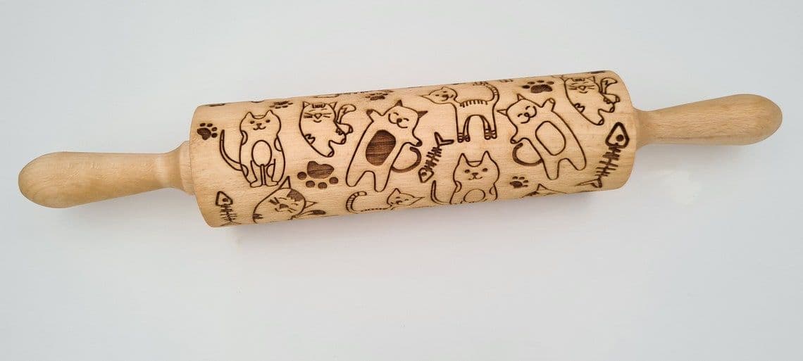 image-Engraved Rolling Pin Natural Wood Folk Kitchen Pins Handmade - Cats
