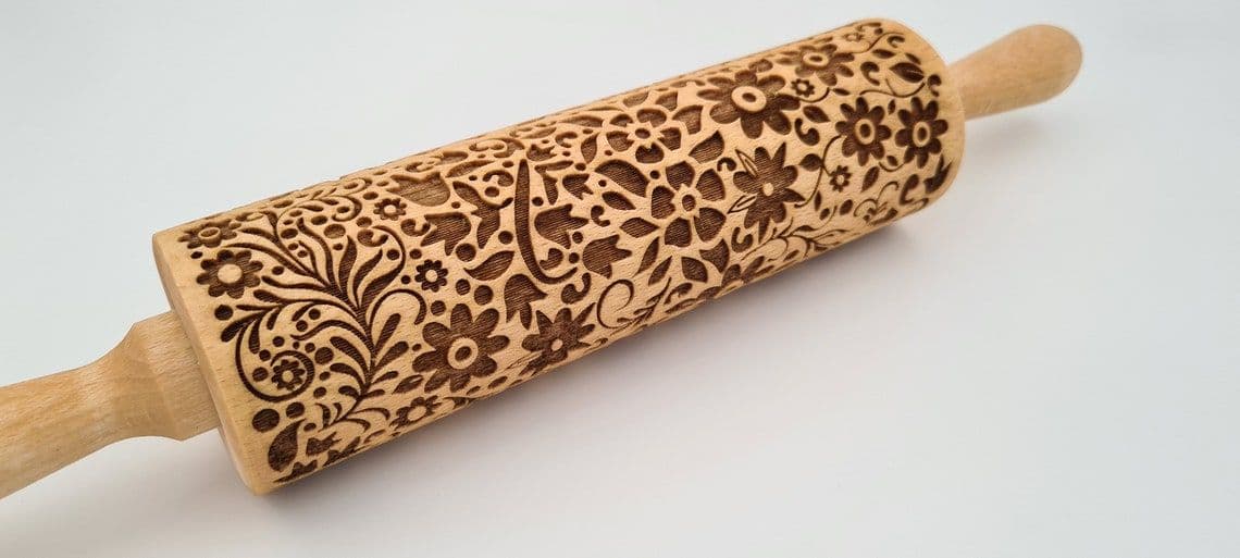 image-Engraved Rolling Pin Natural Wood Folk Kitchen Pins Handmade - Flower