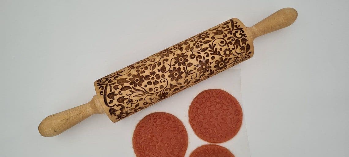 image-Engraved Rolling Pin Natural Wood Folk Kitchen Pins Handmade - Flower
