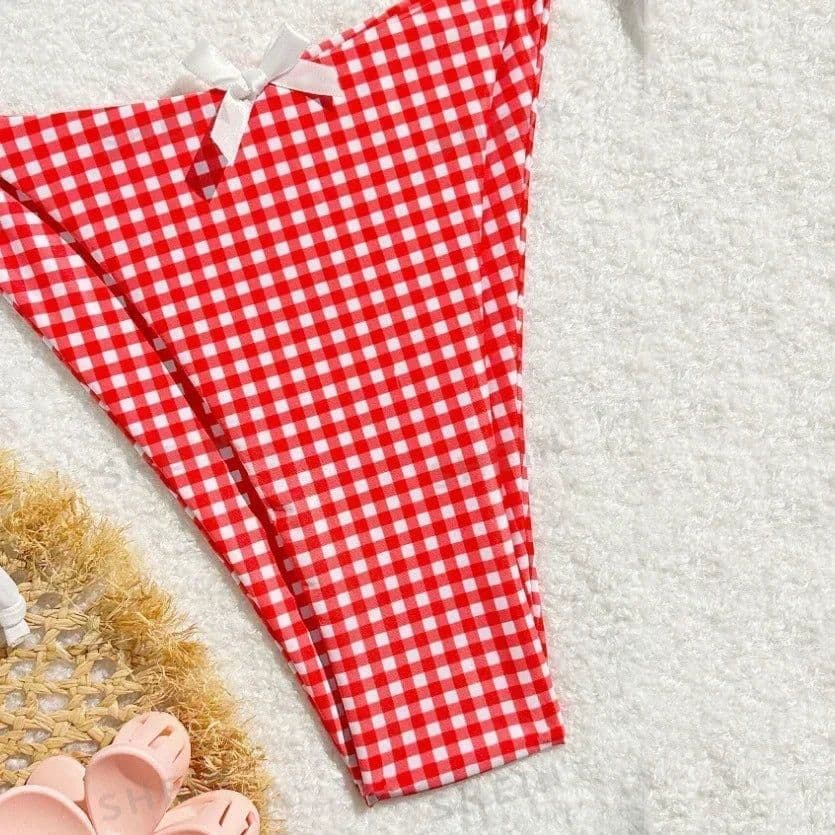 image-Red Plaid String Halter thong Micro Bikini for Women Mini Swimwear Lace-up Sexy Swimsuit Bathing Suit Triangle Bikinis Sets 2025