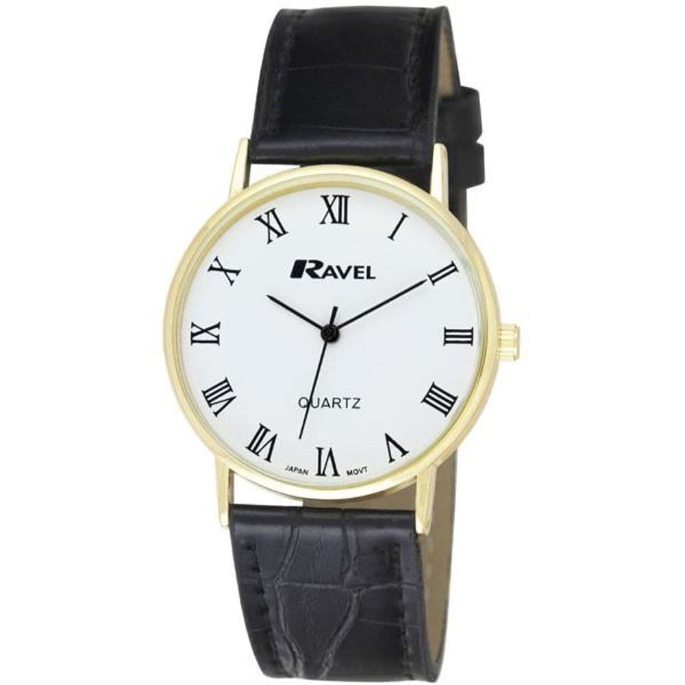 image-Ravel Gents Classic Strap Watch Black Croc / Gold / Roman Numerals R0129.11.1