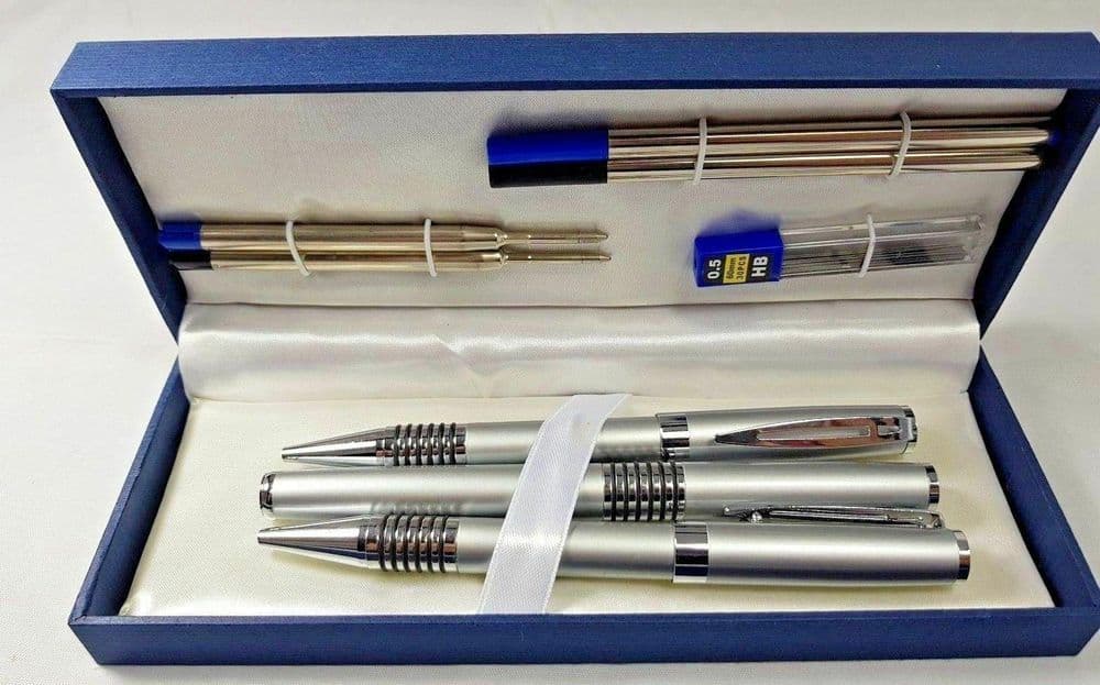 image-8 Pieces Pen Pencil sets Silver Chrome Stationery Writing Gift Official Style