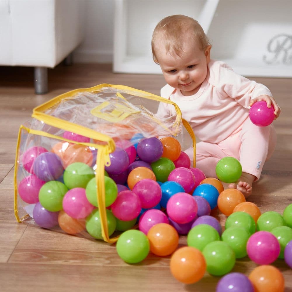 image-Multicoloured Soft Plastic Play Pit Balls Non Toxic and BPA Free with Clear PVC Carry Bag