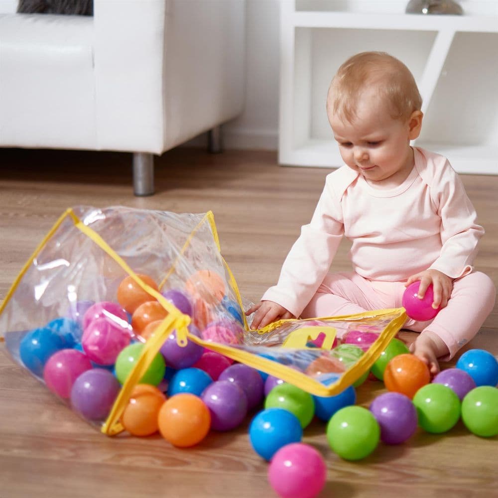 image-Multicoloured Soft Plastic Play Pit Balls Non Toxic and BPA Free with Clear PVC Carry Bag