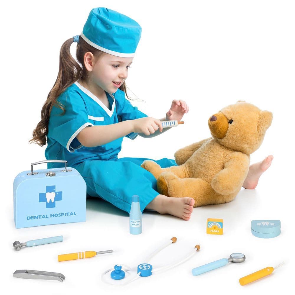 image-SOKA Wooden Dental Hospital Pretend Play Dentist Doctor Toy Medical Tool Kit 3+