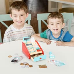 image-SOKA Cash Register Red and Mint Wooden Classic Cashier Role Playset for Kids 3+