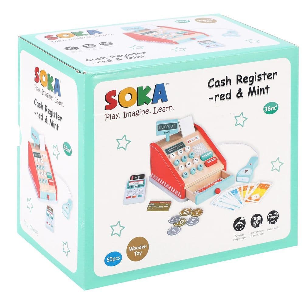 image-SOKA Cash Register Red and Mint Wooden Classic Cashier Role Playset for Kids 3+