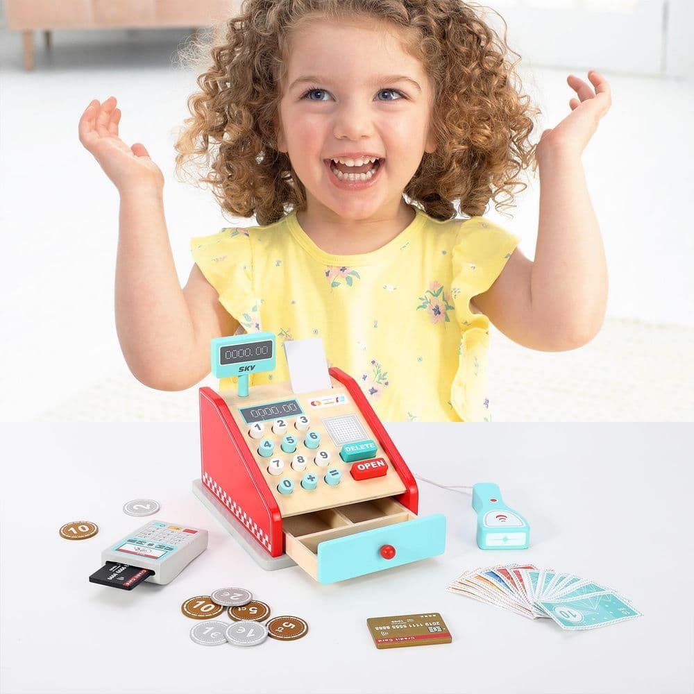 image-SOKA Cash Register Red and Mint Wooden Classic Cashier Role Playset for Kids 3+