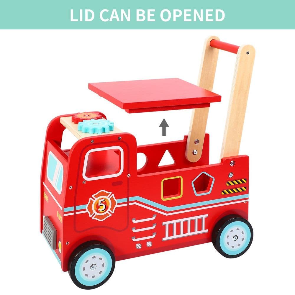 image-SOKA Wooden Fire Engine Rider and Push Along Toy Shape Blocks Activity Walker 1+