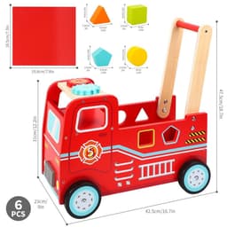 image-SOKA Wooden Fire Engine Rider and Push Along Toy Shape Blocks Activity Walker 1+