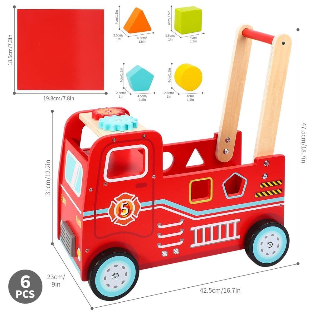 image-SOKA Wooden Fire Engine Rider and Push Along Toy Shape Blocks Activity Walker 1+