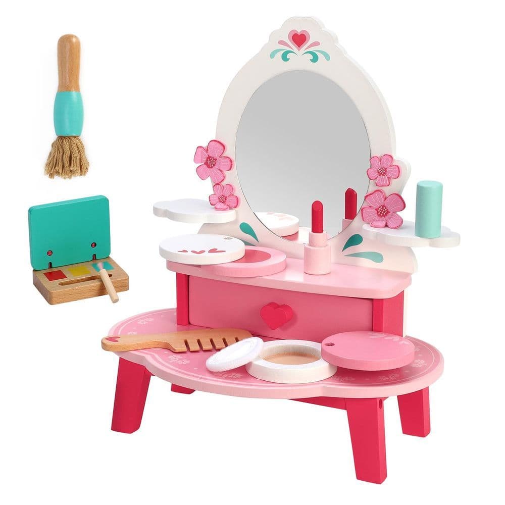 image-SOKA Wooden Dressing Table Top Vanity Mirror Pretend Play Make Up Kit 3+