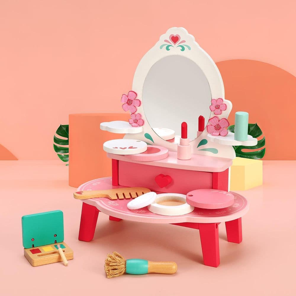image-SOKA Wooden Dressing Table Top Vanity Mirror Pretend Play Make Up Kit 3+