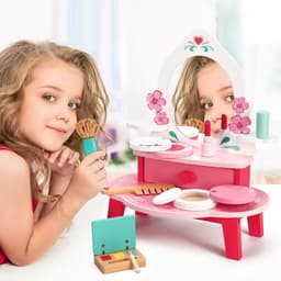 image-SOKA Wooden Dressing Table Top Vanity Mirror Pretend Play Make Up Kit 3+
