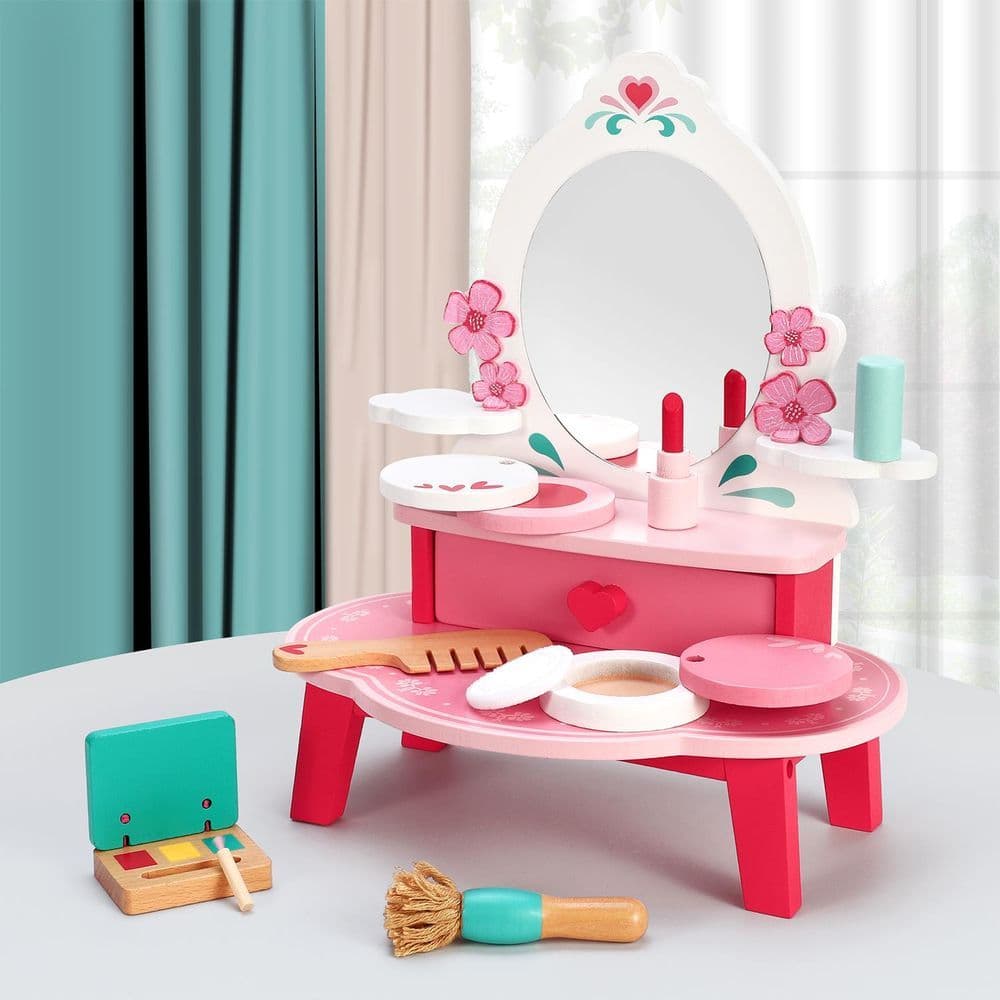 image-SOKA Wooden Dressing Table Top Vanity Mirror Pretend Play Make Up Kit 3+