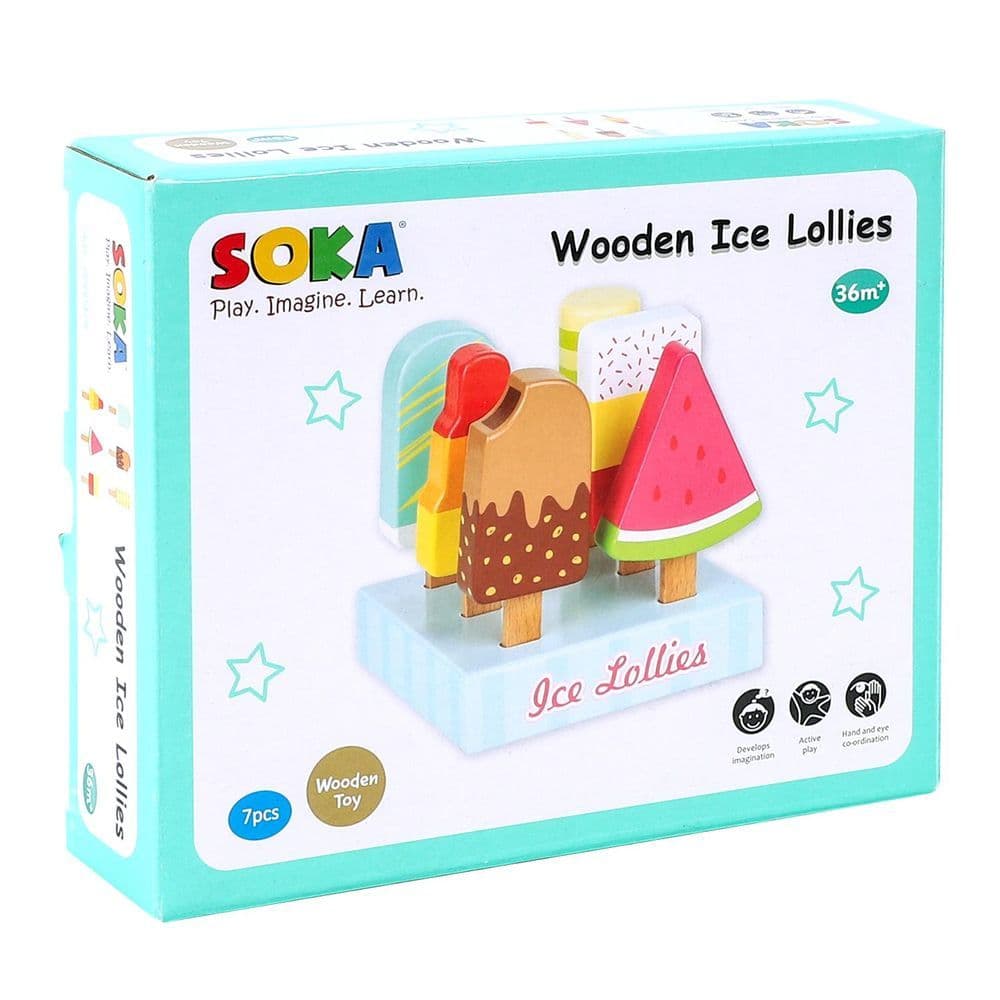 image-SOKA Wooden Ice Lollies 7 pcs Ice Cream Popsicle Selection Pretend Play Set 3+