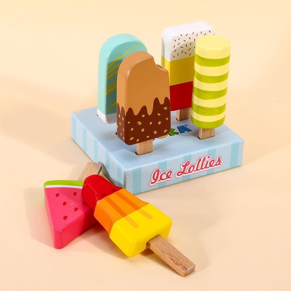 image-SOKA Wooden Ice Lollies 7 pcs Ice Cream Popsicle Selection Pretend Play Set 3+