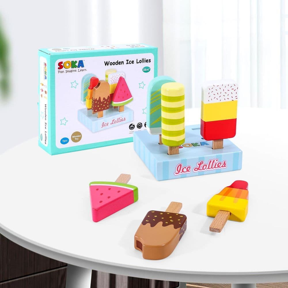 image-SOKA Wooden Ice Lollies 7 pcs Ice Cream Popsicle Selection Pretend Play Set 3+