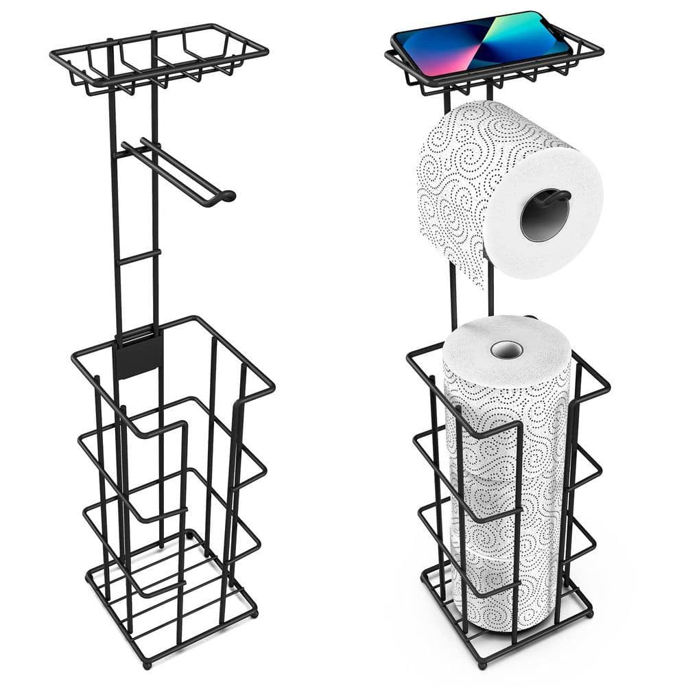 image-Metal Toilet Paper Roll Holder & Multifunctional Storage Rack