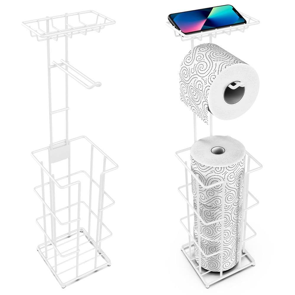 image-Metal Toilet Paper Roll Holder & Multifunctional Storage Rack