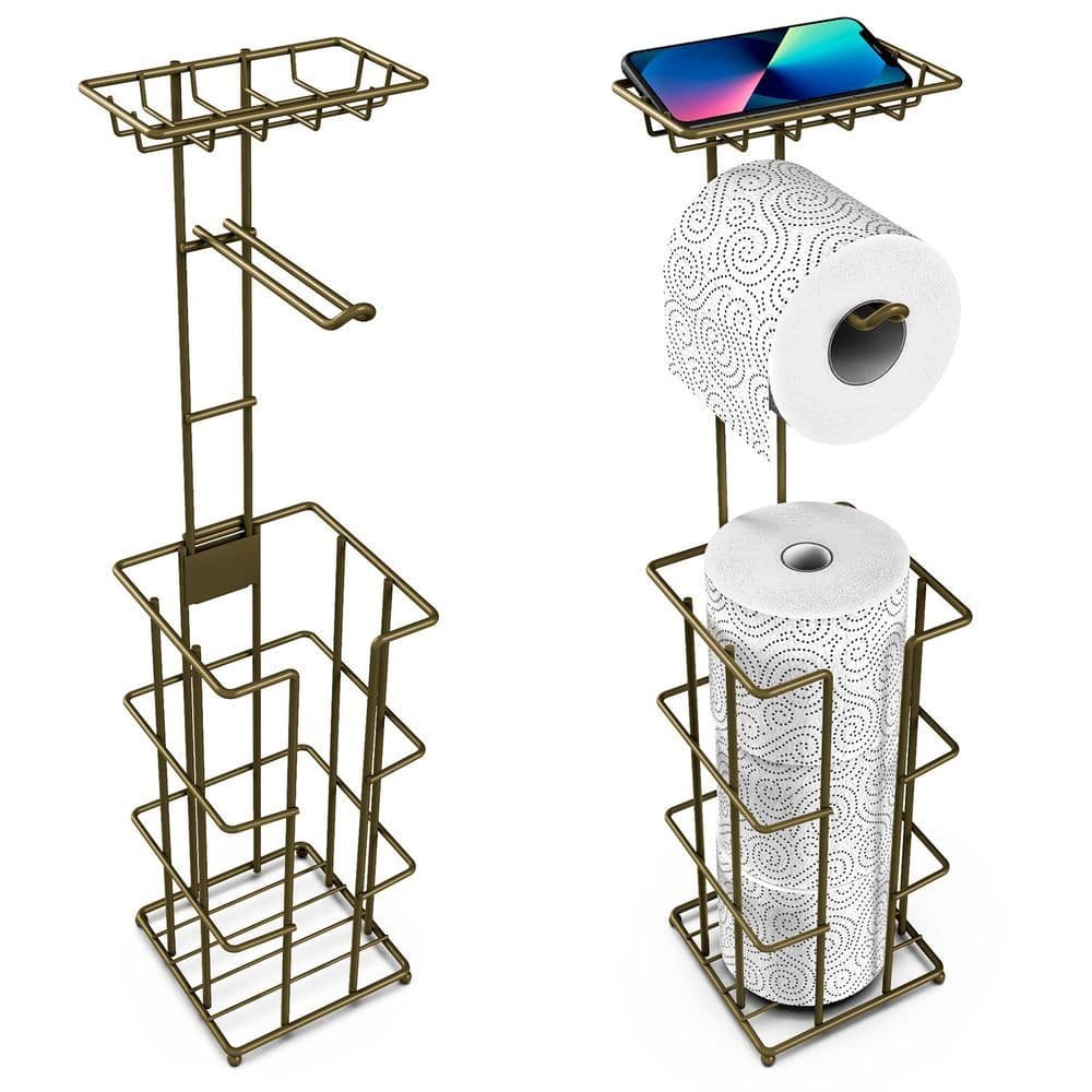 image-Metal Toilet Paper Roll Holder & Multifunctional Storage Rack